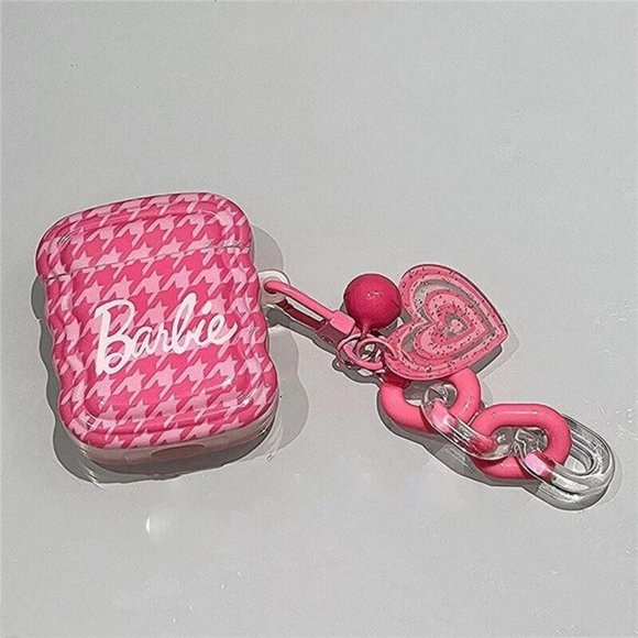 Barbie Accessories - Barbie with pink check design Airpod pro Case with pink hearts Detachable Clip